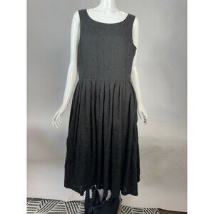 Vintage Lands End Black Sleeveless Pleated Midi Dress Size 12 Textured Fabric